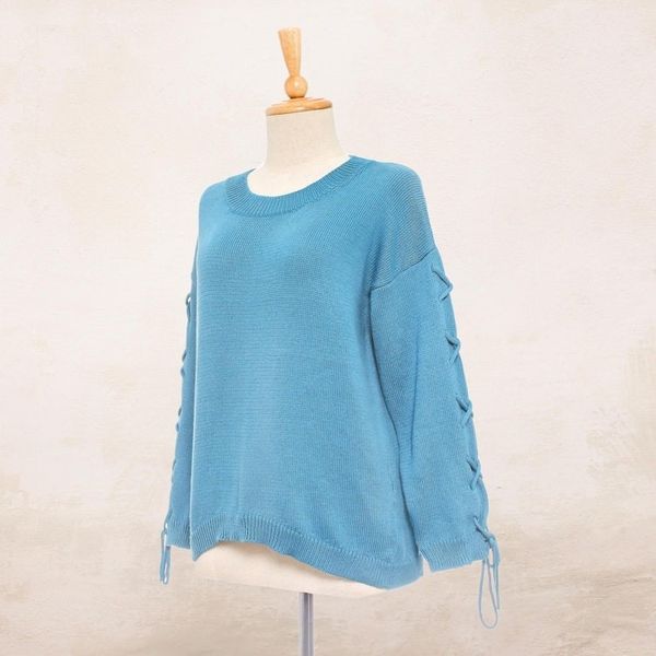 Alternate image for Knit Cotton Pullover in Cerulean from Thailand Cool Cross in Cerulean