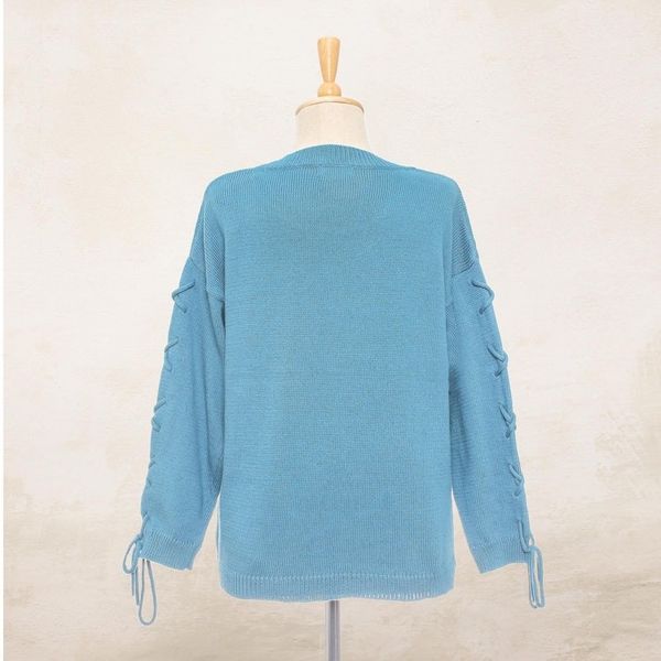 Alternate image for Knit Cotton Pullover in Cerulean from Thailand Cool Cross in Cerulean