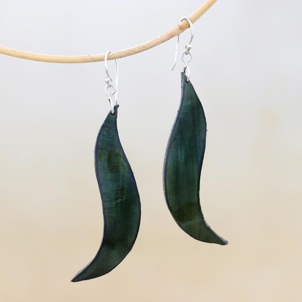 Alternate image for Wavy Leather Dangle Earrings in Green from Thailand Lithe Leaves in Green