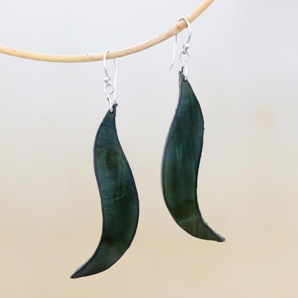 Wavy Leather Dangle Earrings in Green from Thailand 'Lithe Leaves in Green'