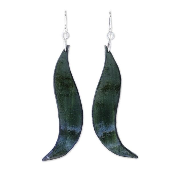 Alternate image for Wavy Leather Dangle Earrings in Green from Thailand Lithe Leaves in Green