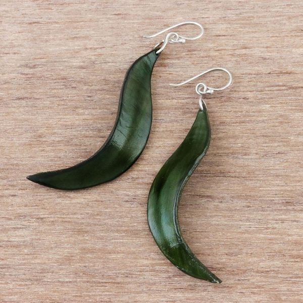 Alternate image for Wavy Leather Dangle Earrings in Green from Thailand Lithe Leaves in Green