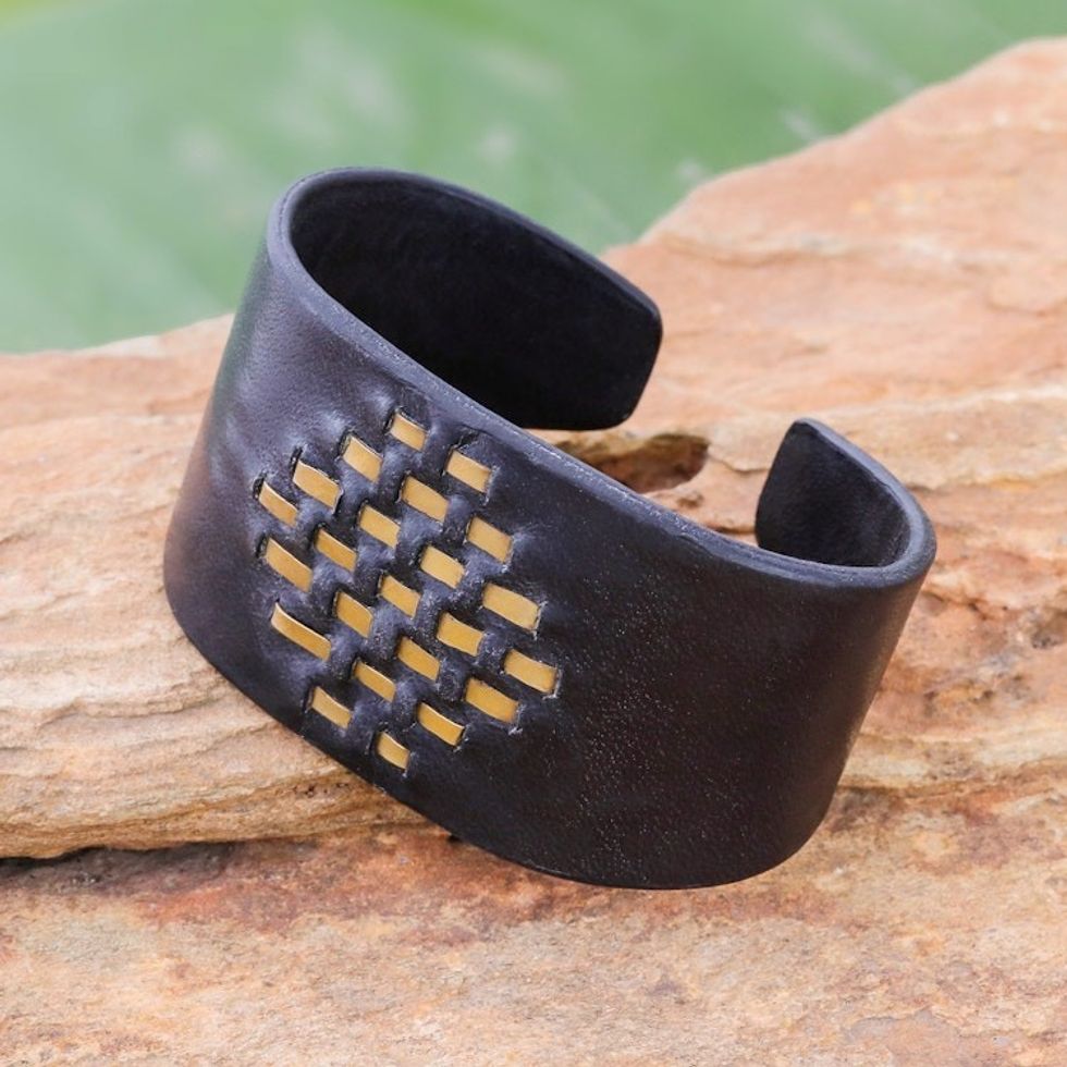 Diamond Pattern Leather and Brass Cuff Bracelet 'Diamond Pagoda'