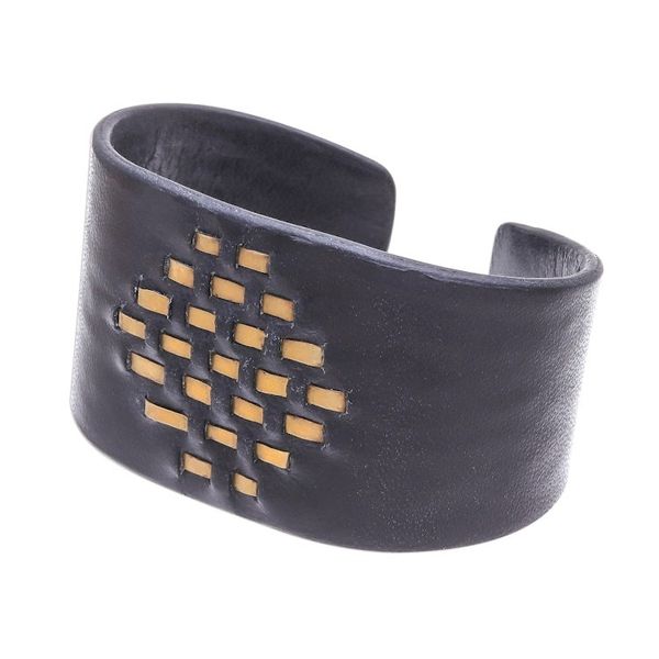 Alternate image for Diamond Pattern Leather and Brass Cuff Bracelet Diamond Pagoda