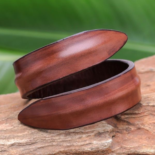 Alternate image for Modern Leather Wrap Bracelet in Brown from Thailand Simple Caress in Brown