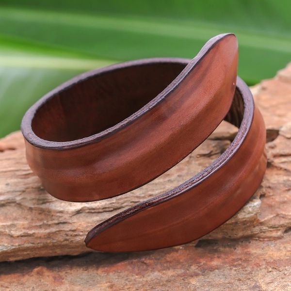 Alternate image for Modern Leather Wrap Bracelet in Brown from Thailand Simple Caress in Brown