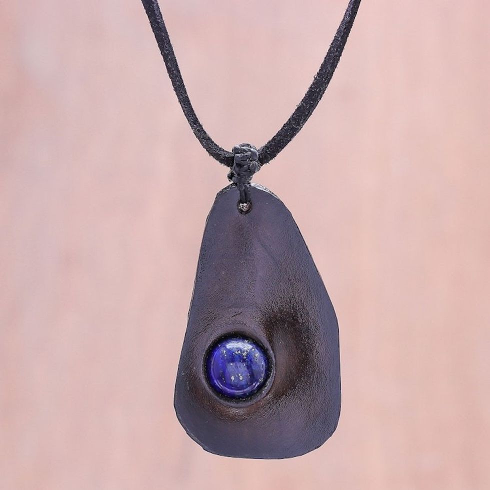 Lapis Lazuli and Leather Pendant Necklace from Thailand 'Stylish Avocado'