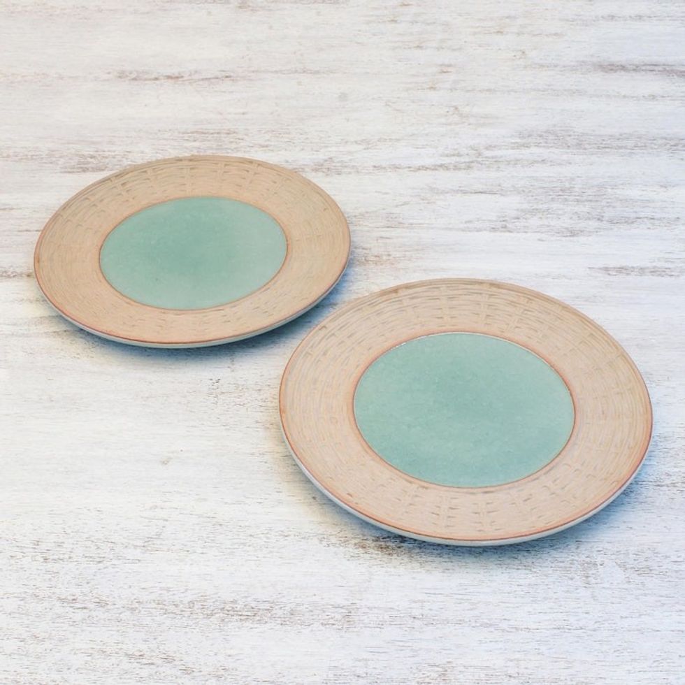 Celadon Ceramic Plates in Green from Thailand Pair 'Country Meal'