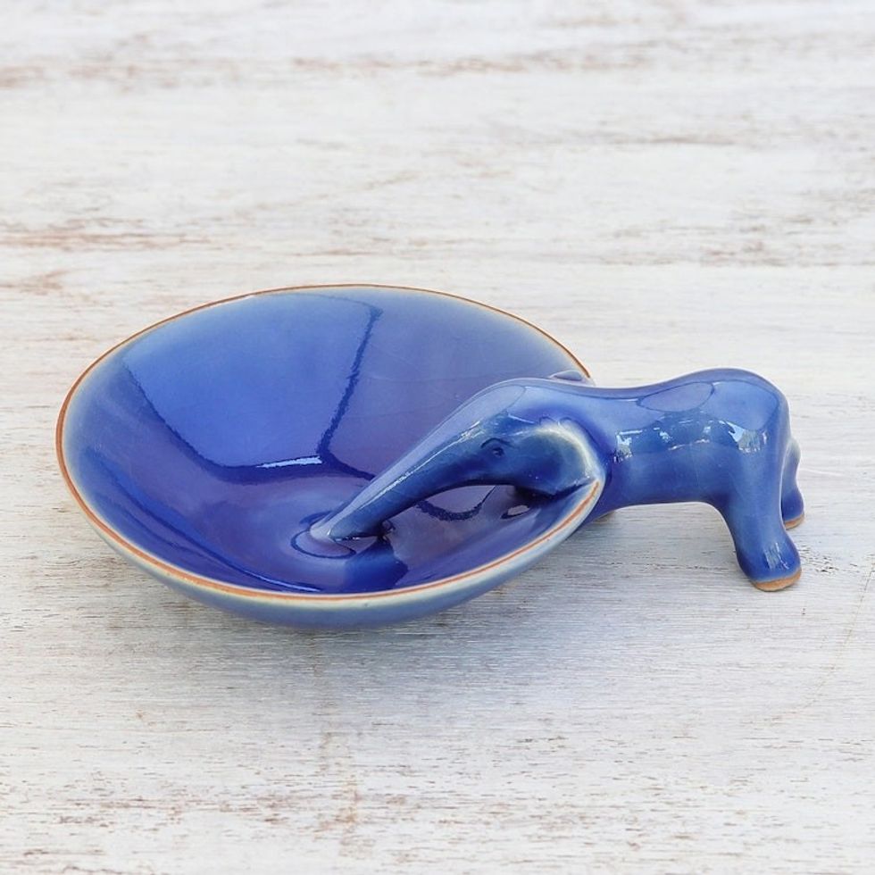 Elephant-Themed Blue Ceramic Incense Holder from Thailand 'Sipping Elephant'