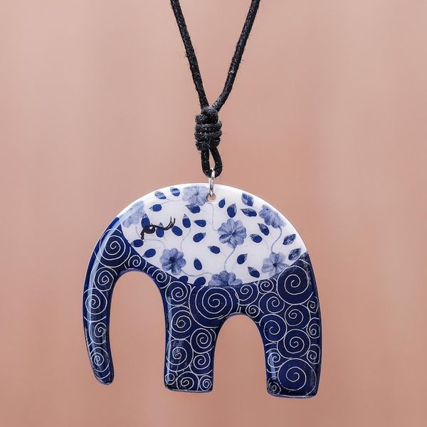 Alternate image for Blue and White Floral Elephant Ceramic Pendant Necklace Dark Floral Elephant