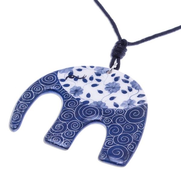 Alternate image for Blue and White Floral Elephant Ceramic Pendant Necklace Dark Floral Elephant