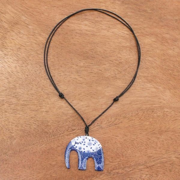 Alternate image for Blue and White Floral Elephant Ceramic Pendant Necklace Dark Floral Elephant