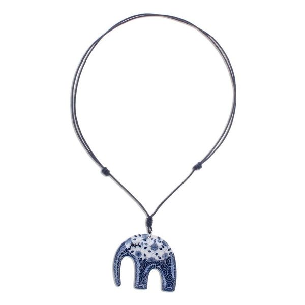 Alternate image for Blue and White Floral Elephant Ceramic Pendant Necklace Dark Floral Elephant