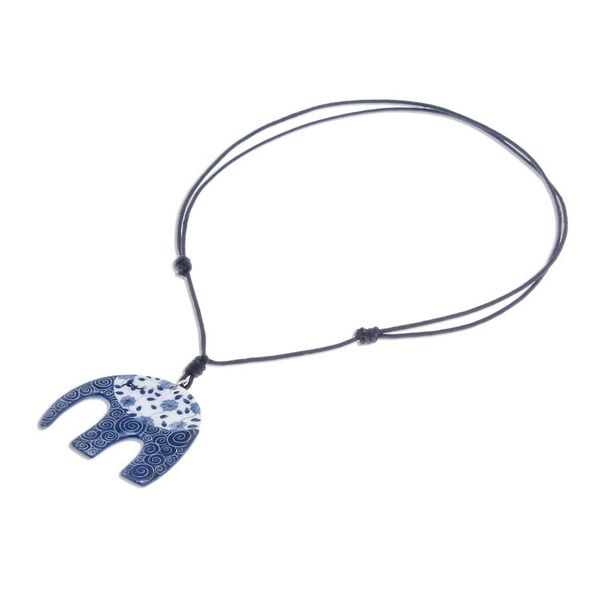 Alternate image for Blue and White Floral Elephant Ceramic Pendant Necklace Dark Floral Elephant
