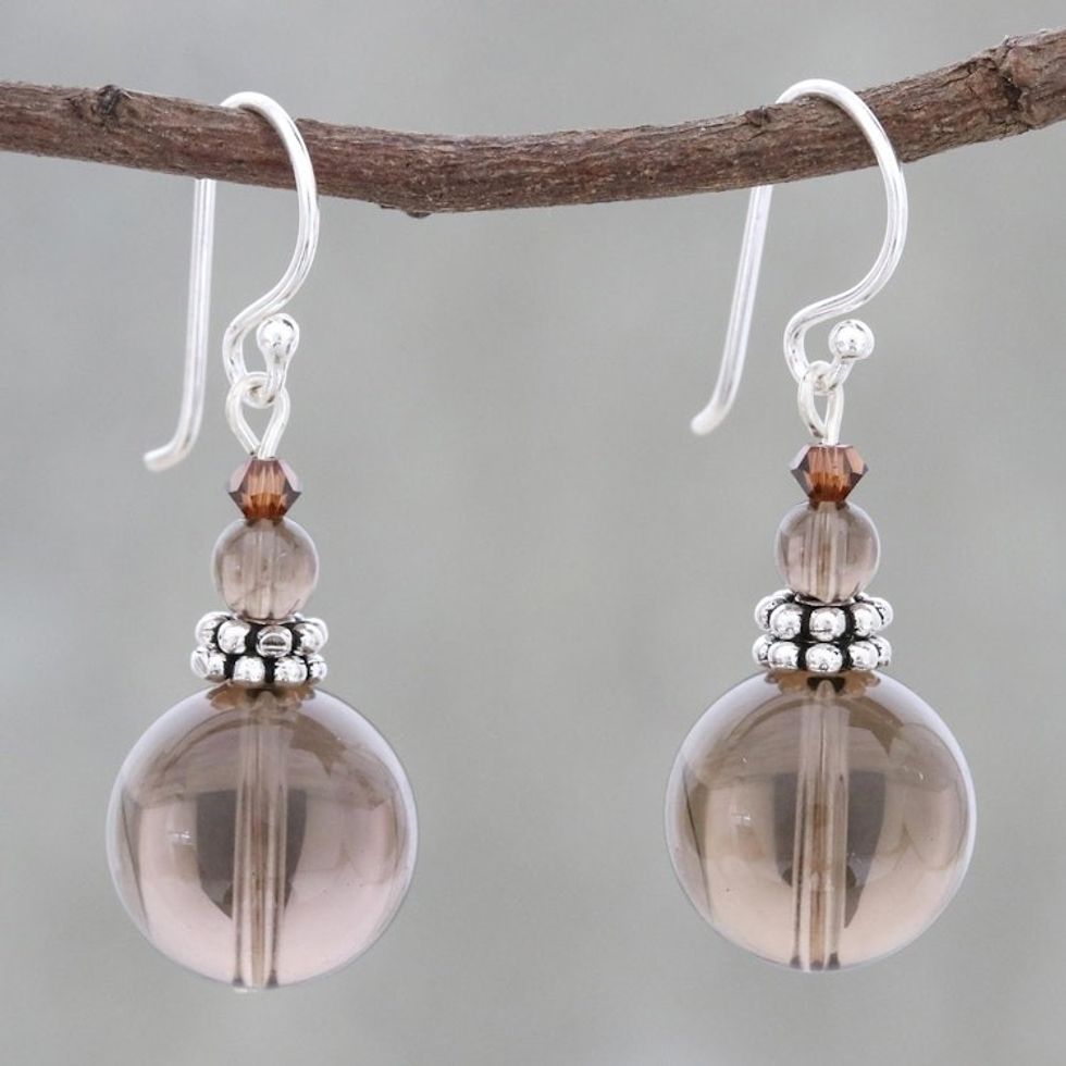 Smoky Quartz Beaded Dangle Earrings from Thailand 'Global Wonder'