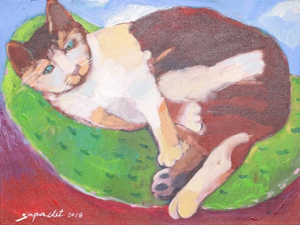 Signed Naif Painting of a Lying Cat from Thailand 'Chilling'