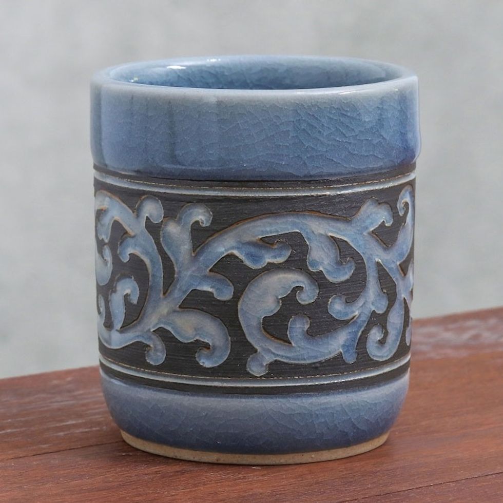 Ornate Blue Celadon Ceramic Teacup from Thailand 'Blue Kanok'
