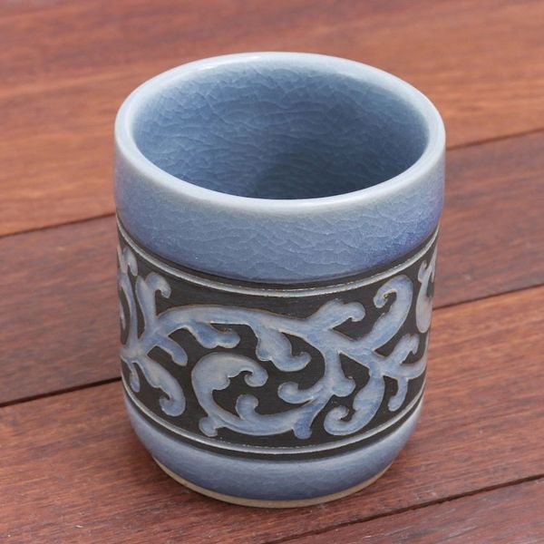 Alternate image for Ornate Blue Celadon Ceramic Teacup from Thailand Blue Kanok