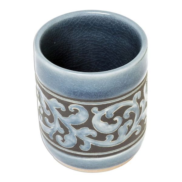 Alternate image for Ornate Blue Celadon Ceramic Teacup from Thailand Blue Kanok