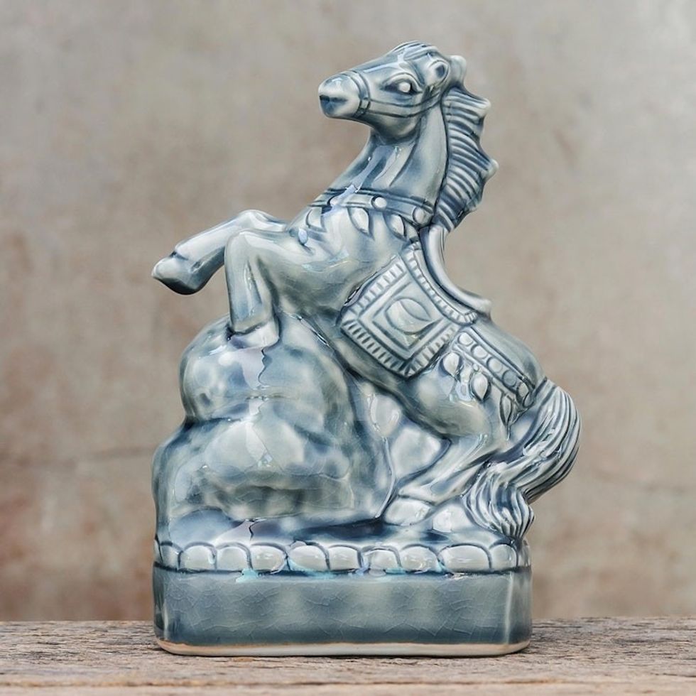 Crackled Blue Ceramic Horse Sculpture from Thailand 'Lucky Horse'