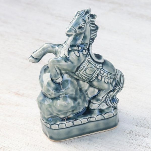 Alternate image for Crackled Blue Ceramic Horse Sculpture from Thailand Lucky Horse