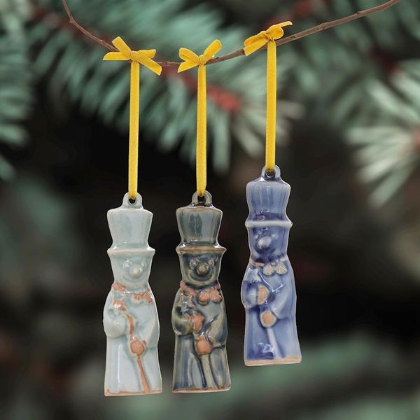 Alternate image for Celadon Ceramic Snowman Ornaments from Thailand Set of 3 Delightful Snowmen