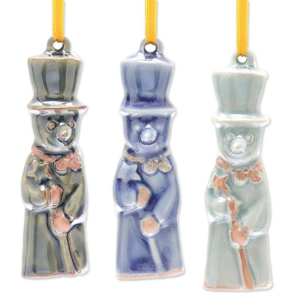Alternate image for Celadon Ceramic Snowman Ornaments from Thailand Set of 3 Delightful Snowmen