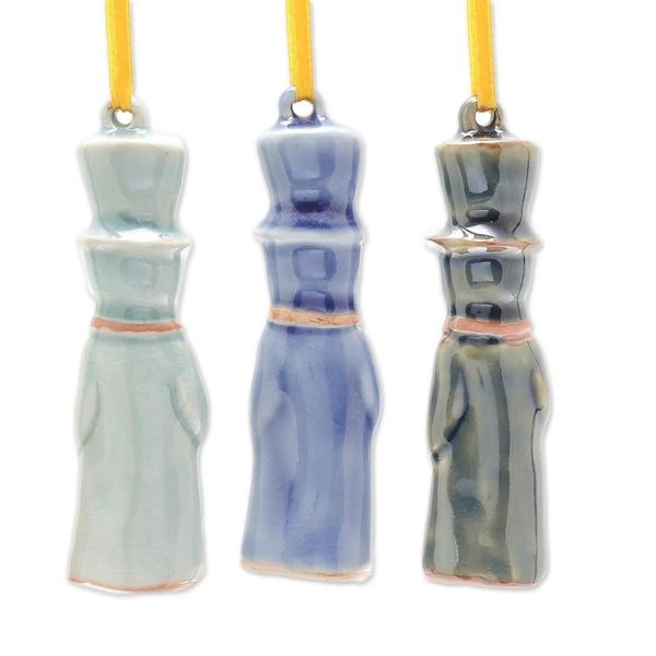 Alternate image for Celadon Ceramic Snowman Ornaments from Thailand Set of 3 Delightful Snowmen