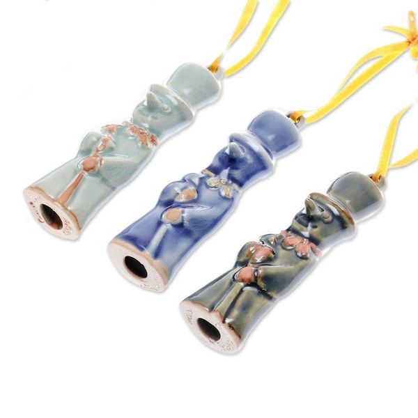Alternate image for Celadon Ceramic Snowman Ornaments from Thailand Set of 3 Delightful Snowmen