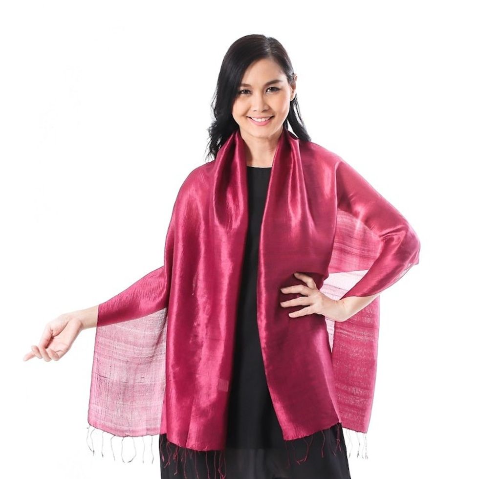 Handwoven Silk Wrap Scarf in Magenta from Thailand 'Shimmering Magenta'