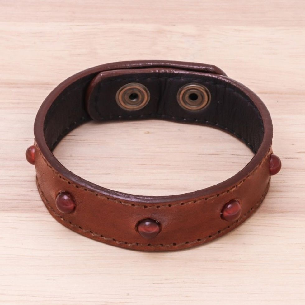 Men's Chalcedony and Leather Beaded Wristband Bracelet 'Powerful Mind'
