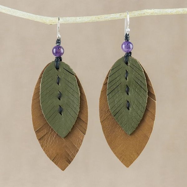 Alternate image for Amethyst and Leather Leaf Dangle Earrings from Thailand Happy Leaves
