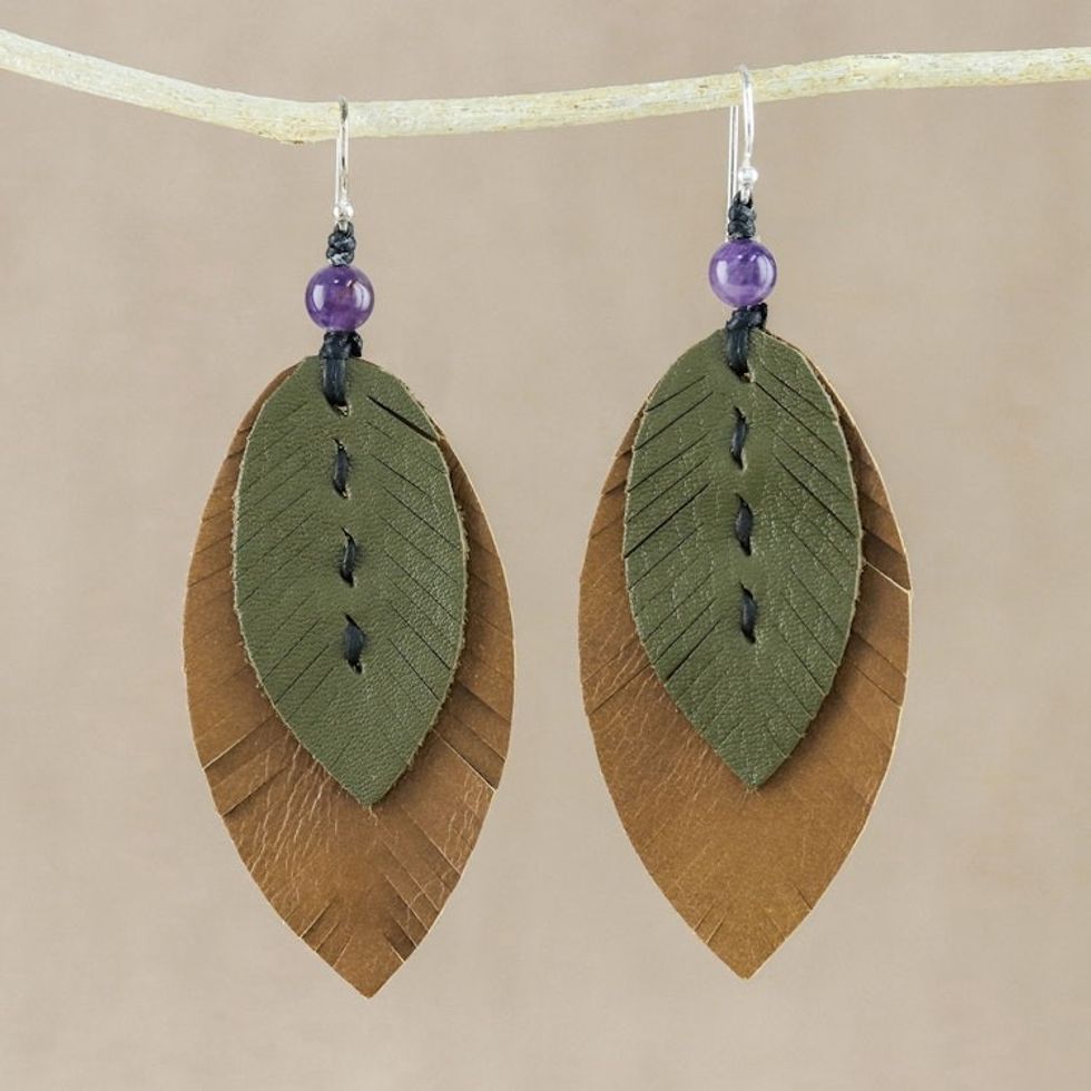 Amethyst and Leather Leaf Dangle Earrings from Thailand 'Happy Leaves'