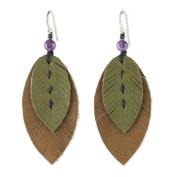 Alternate image for Amethyst and Leather Leaf Dangle Earrings from Thailand Happy Leaves
