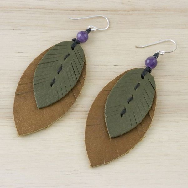 Alternate image for Amethyst and Leather Leaf Dangle Earrings from Thailand Happy Leaves