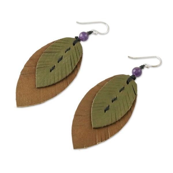 Alternate image for Amethyst and Leather Leaf Dangle Earrings from Thailand Happy Leaves