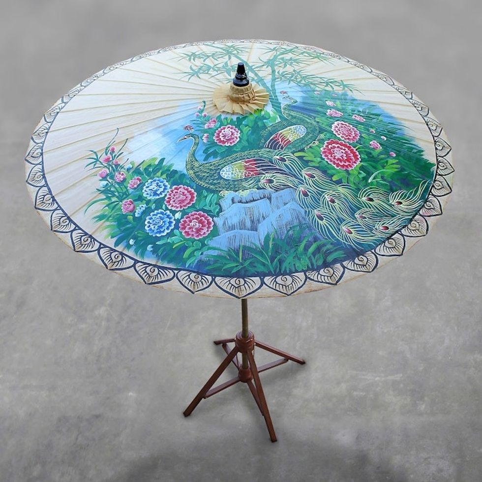 Peacock-Themed Cotton and Bamboo Parasol in Buff 'Heavenly Peacocks'