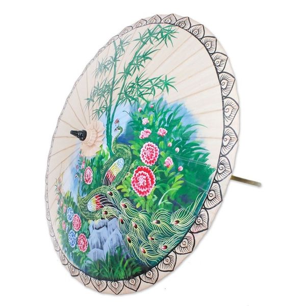 Alternate image for Peacock-Themed Cotton and Bamboo Parasol in Buff Heavenly Peacocks