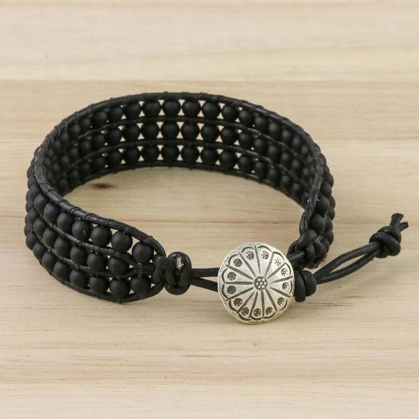 Alternate image for Matte Black Bead and Karen Silver Button Wristband Bracelet In The Shadows