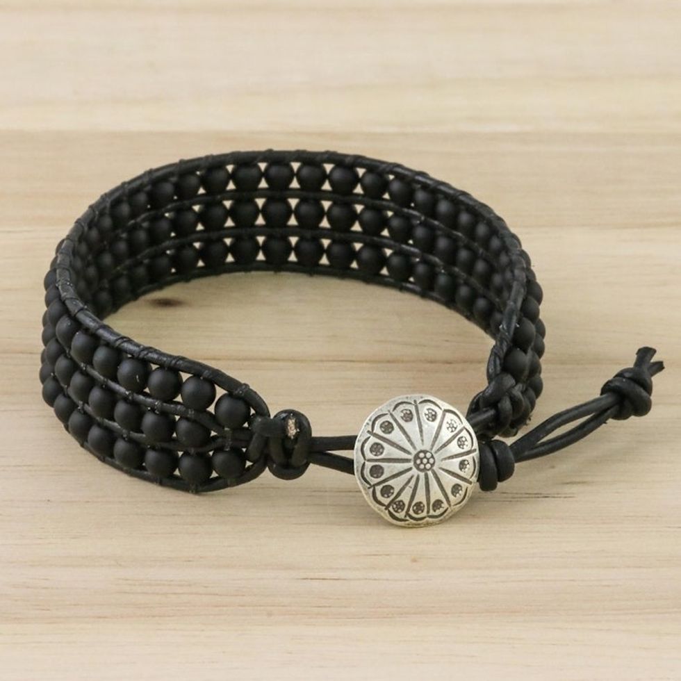 Matte Black Bead and Karen Silver Button Wristband Bracelet 'In The Shadows'