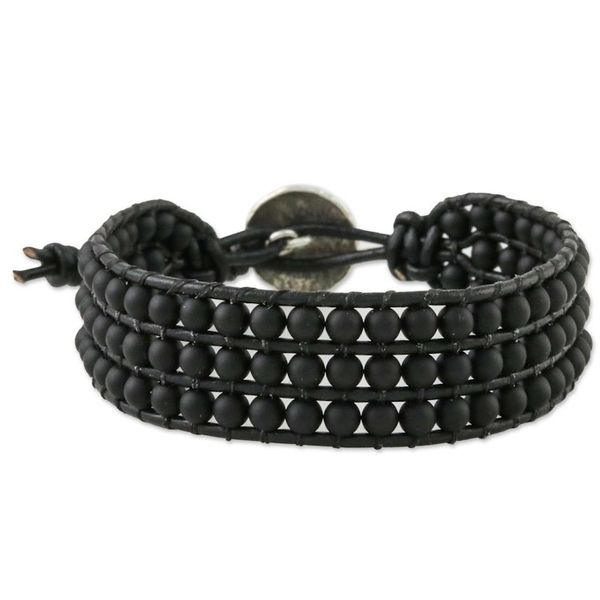 Alternate image for Matte Black Bead and Karen Silver Button Wristband Bracelet In The Shadows