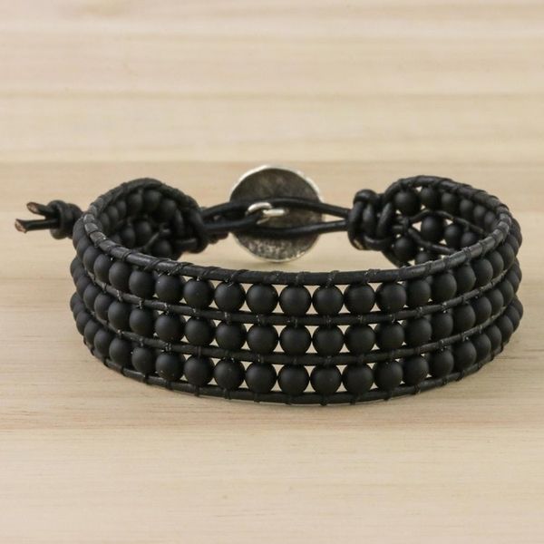 Alternate image for Matte Black Bead and Karen Silver Button Wristband Bracelet In The Shadows