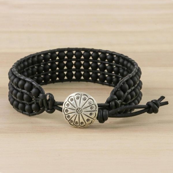 Alternate image for Matte Black Bead and Karen Silver Button Wristband Bracelet In The Shadows