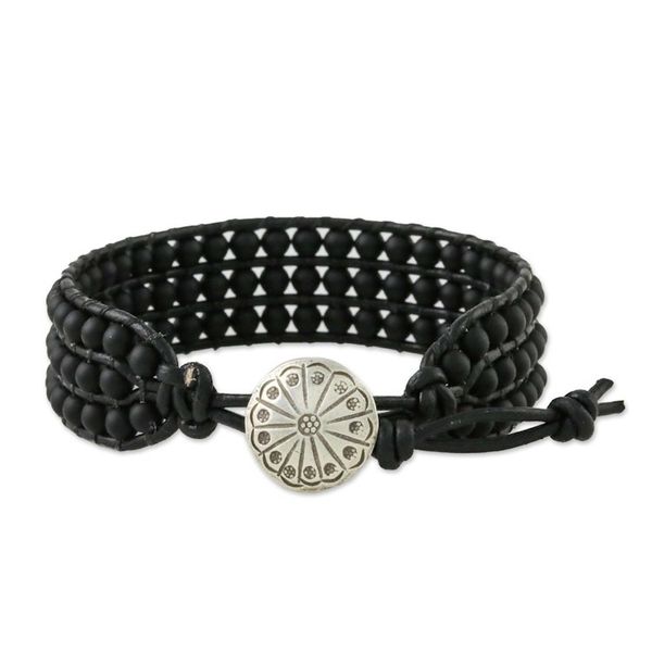 Alternate image for Matte Black Bead and Karen Silver Button Wristband Bracelet In The Shadows