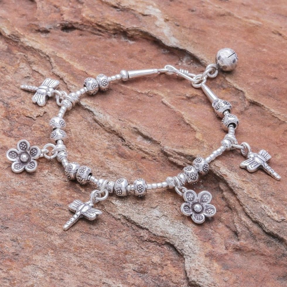 Dragonfly-Themed Karen Silver Beaded Charm Bracelet 'Dragonfly Daisies'