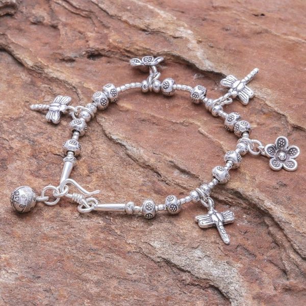 Alternate image for Dragonfly-Themed Karen Silver Beaded Charm Bracelet Dragonfly Daisies