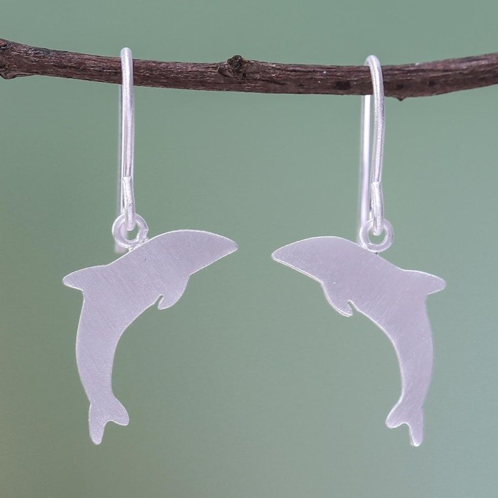 Brushed-Satin Sterling Silver Dolphin Dangle Earrings 'Joyous Dolphin'