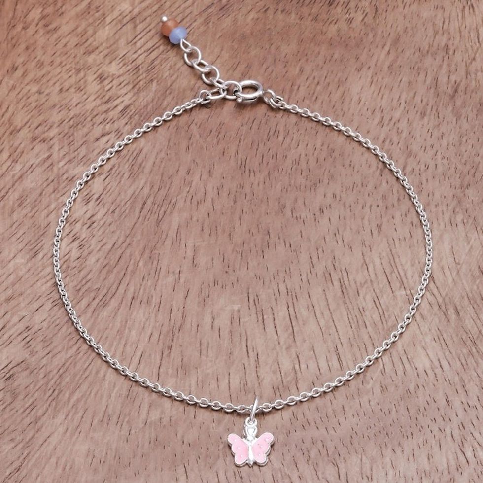 Sterling Silver and Quartz Butterfly Anklet from Thailand 'Butterfly Nature'