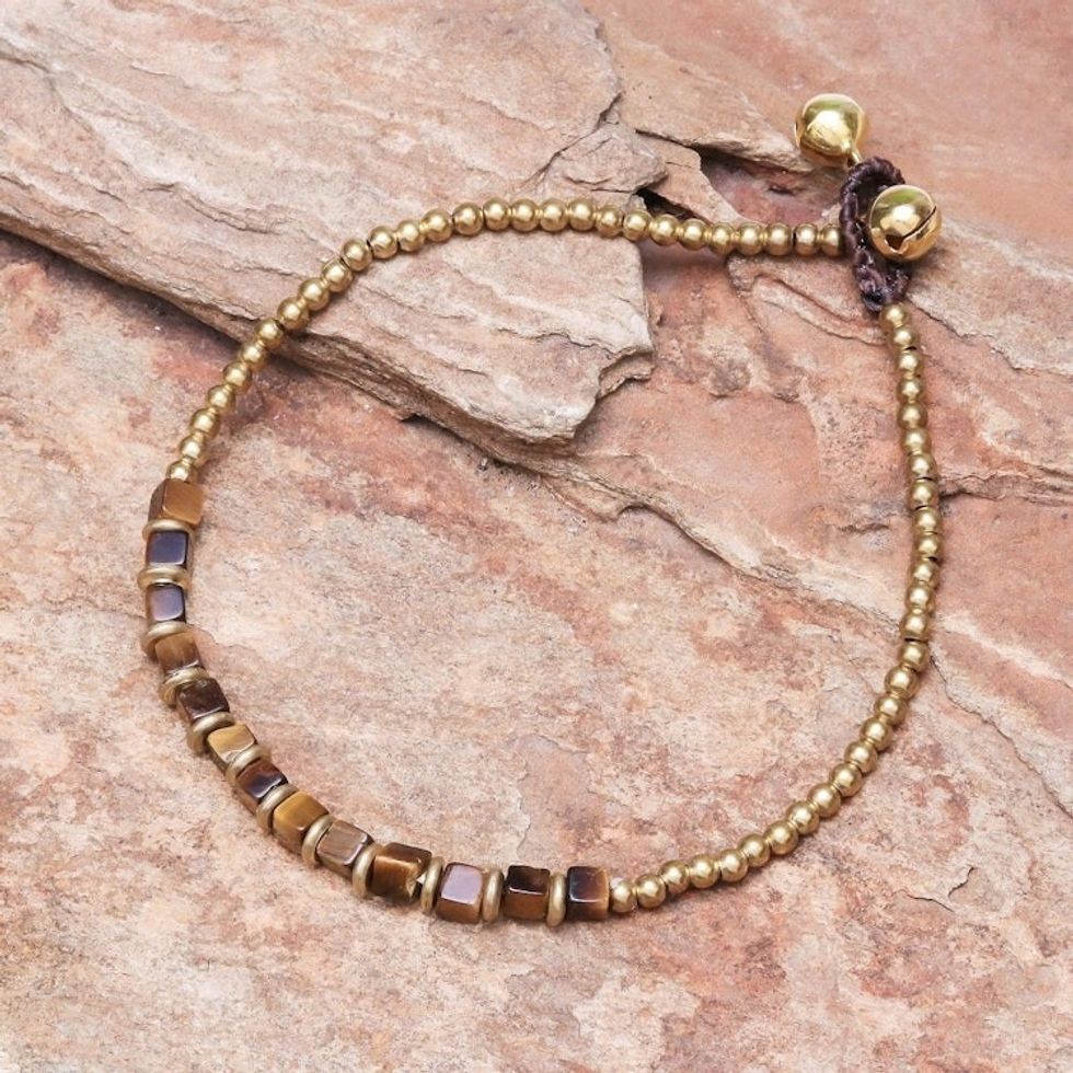 Beaded Anklet with Cube Tiger's Eye from Thailand 'Cube Beauty'