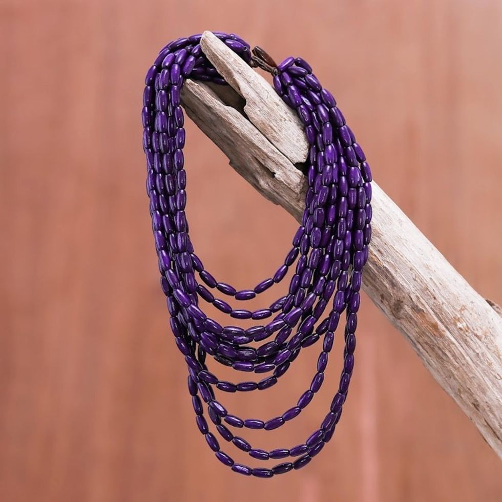 Wood Beaded Strand Necklace in Blue-Violet from Thailand 'Cute Boho in Blue-Violet'